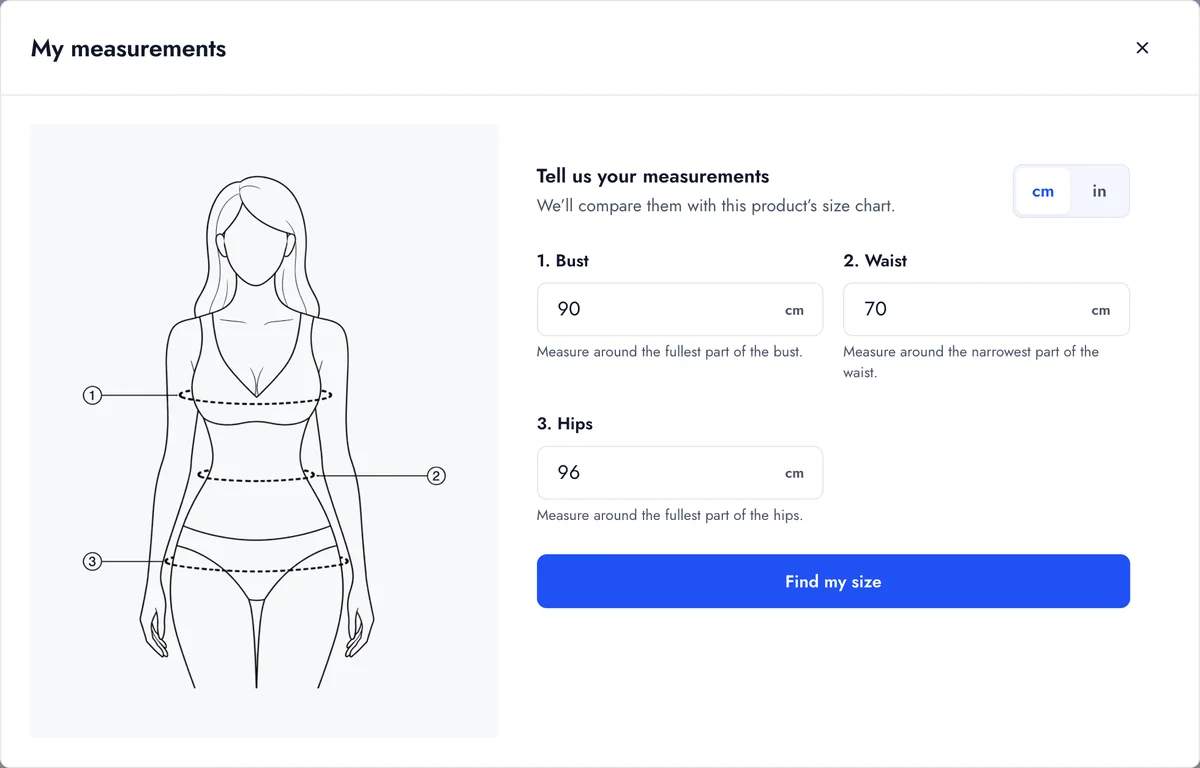 A shopper entering bust, waist and hip measurements